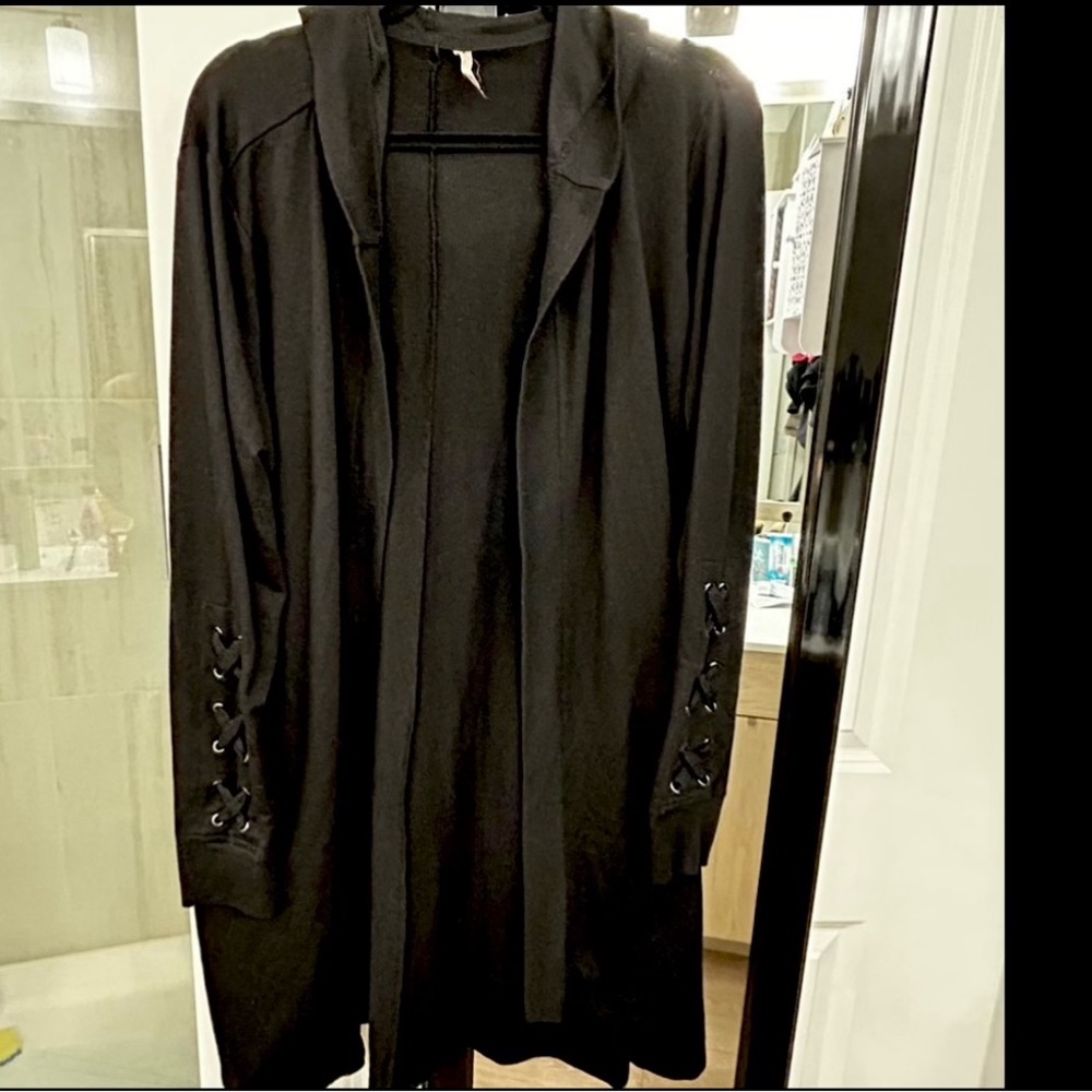 Black Longline, Hooded, Open-Front Cardigan w/ Lace-Up Sleeves.